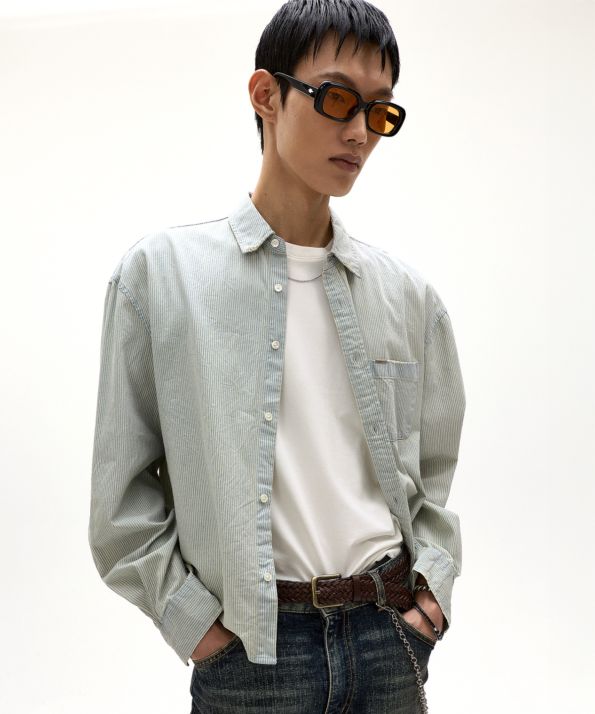 엘무드(LMOOD) 앙리 크롭 데님 셔츠 빈티지 블루