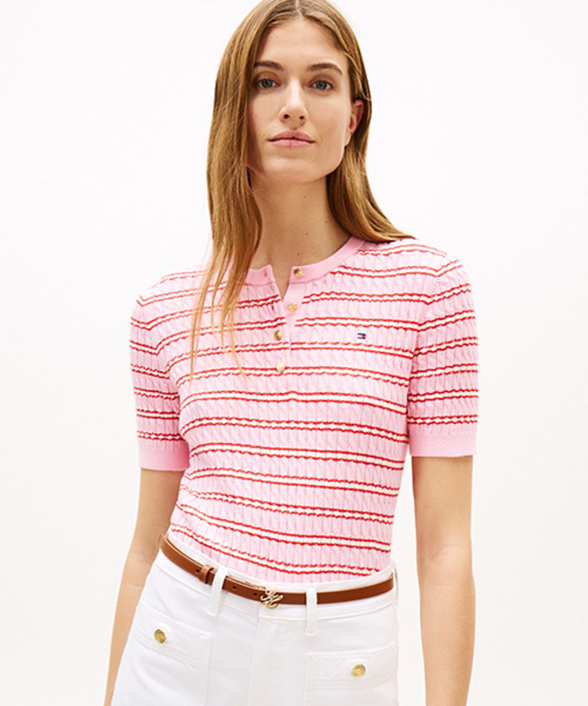 타미힐피거(TOMMY HILFIGER) 코튼 케이블 헨리넥 스웨터 (T22G1KTO063WT10D3)