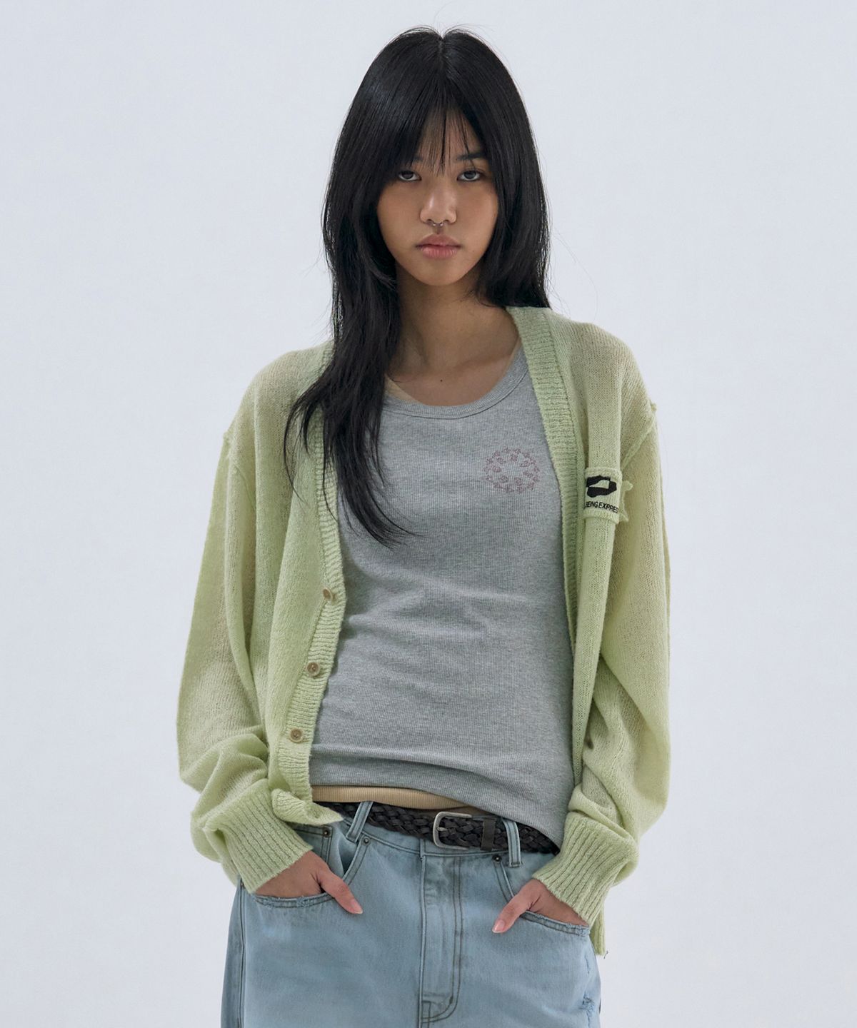 웰빙익스프레스(WELLBEING EXPRESS) Logo Patch Hairy Cardigan Mint