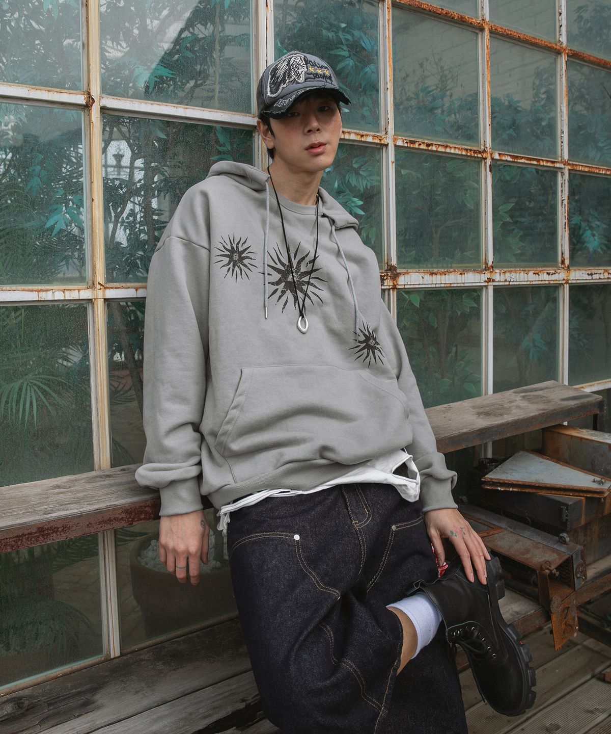 버닝카포네(BURNING CAPONE) BC 썬티지 레이어 후드티 (GRAY)