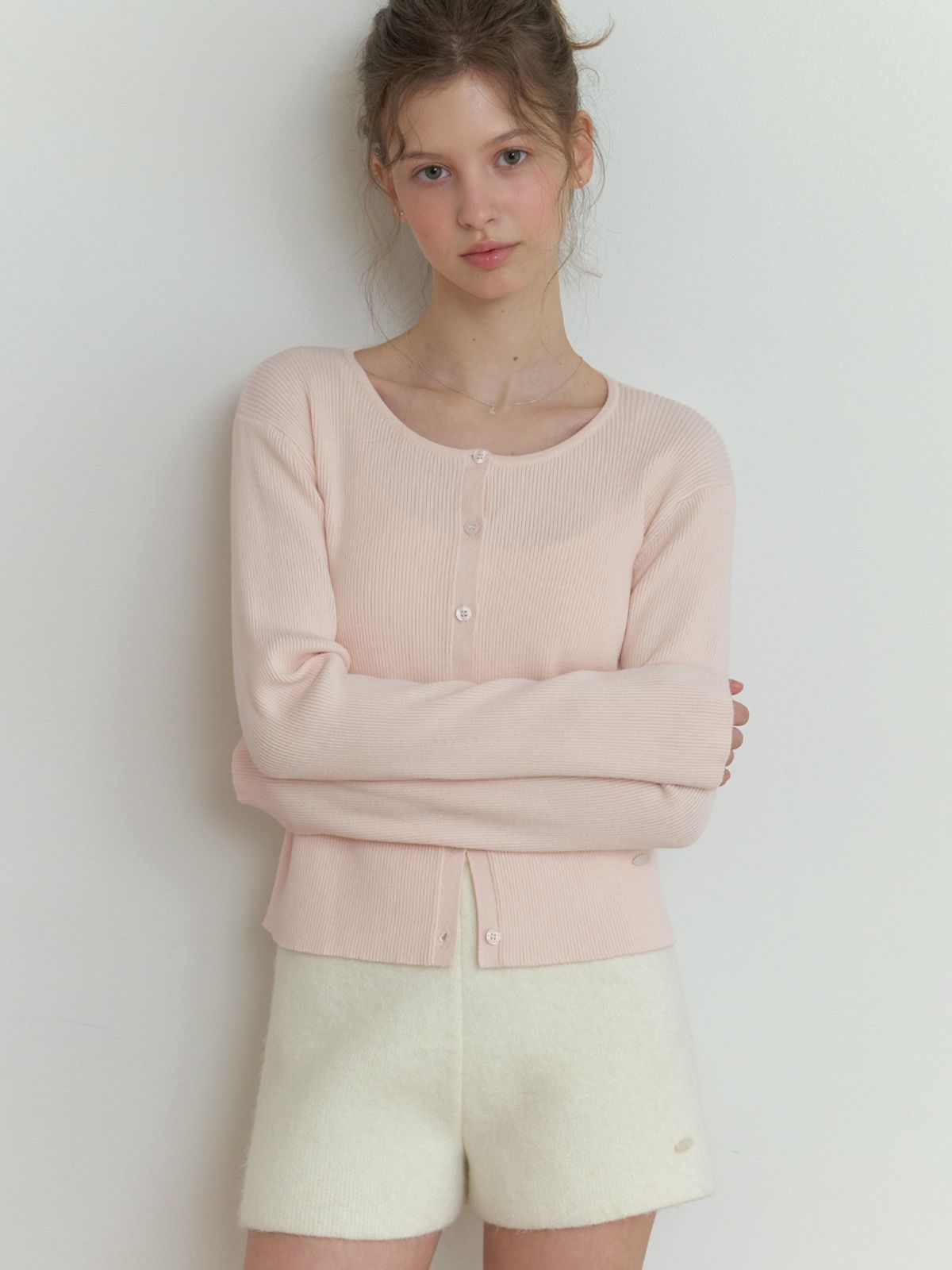 리엘(RE L) Owa round knit cardigan (powder pink)