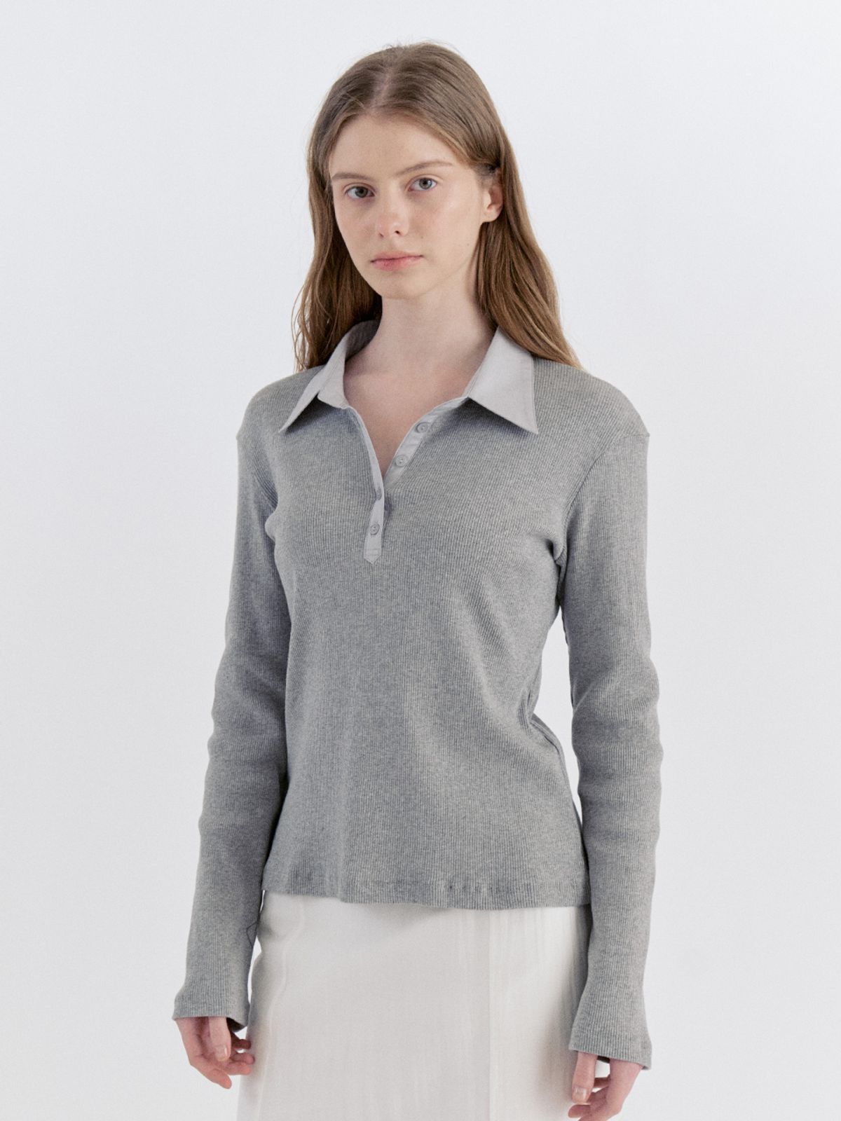 르세지엠(LESEIZEME) Ribbed Panel Classic Collar T-Shirt - Gray