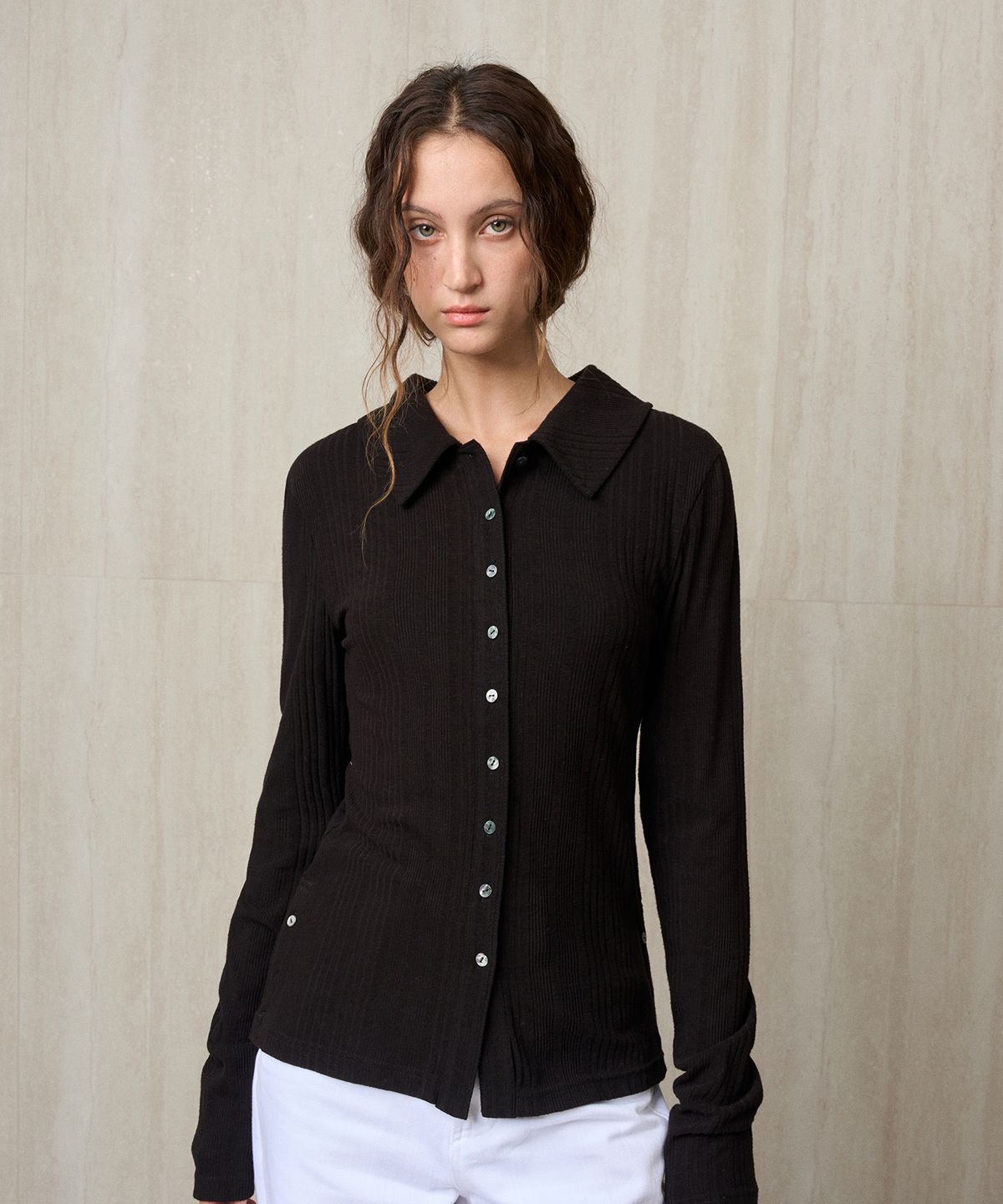 리이(RE RHEE) KNIT RIBBED SHIRT TOP BLACK