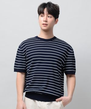 베이직 쿨 라운드 크롭 반팔 니트 [NAVY ST]