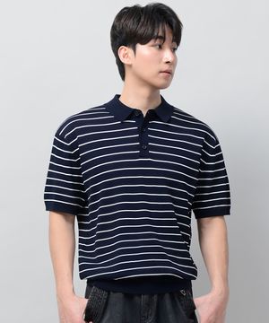 버튼 카라 썸머 쿨 크롭 반팔 니트 [NAVY ST]