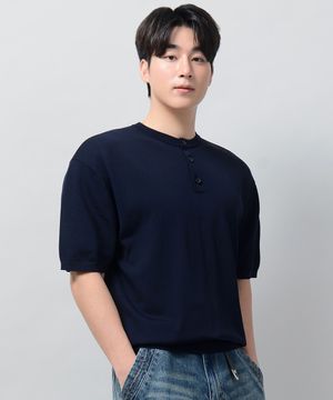 베이직 쿨 헨리넥 크롭 반팔 니트 [NAVY]