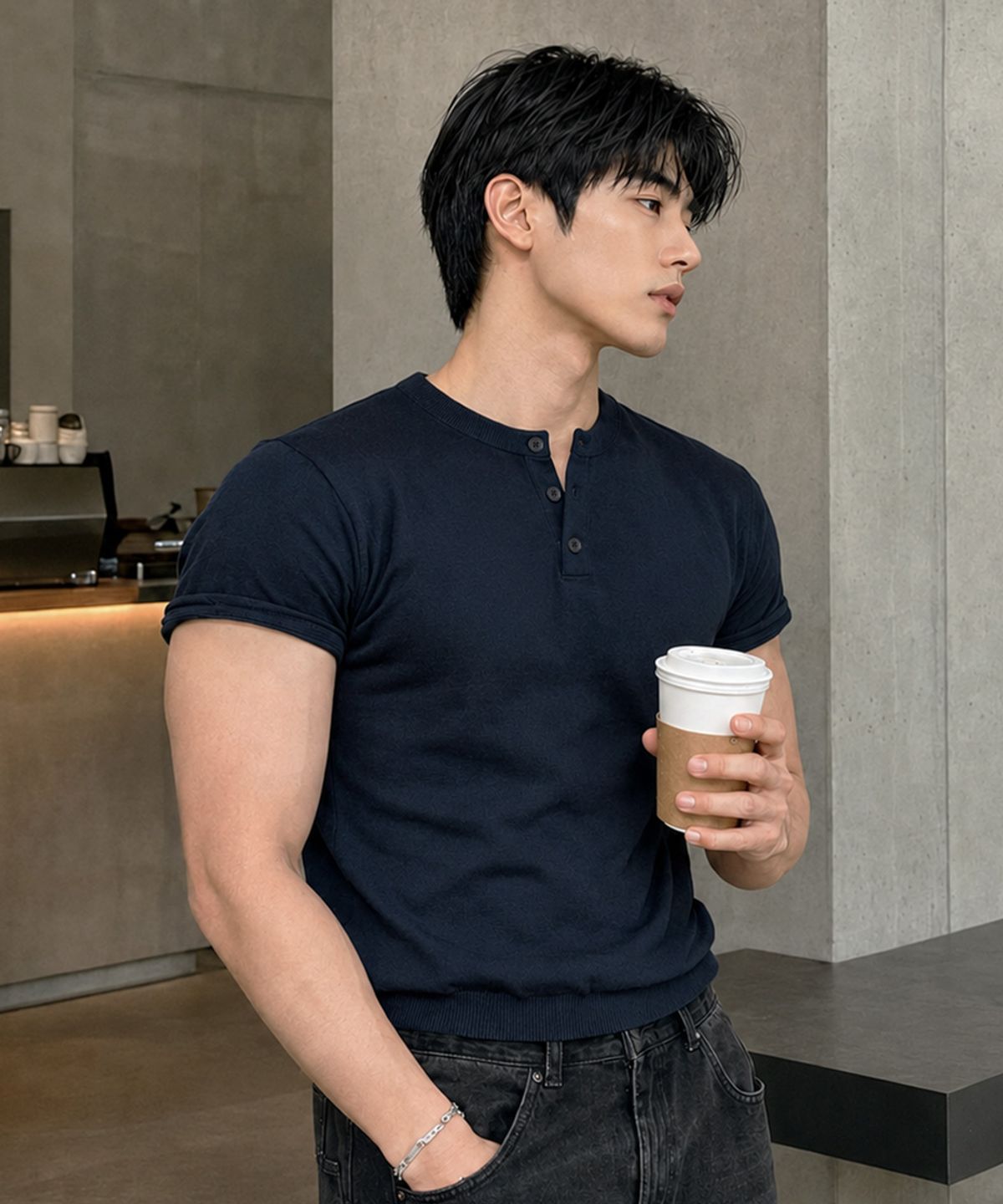 엑스오엑스(XOX) 베이직 쿨 헨리넥 크롭 반팔 니트 [NAVY]