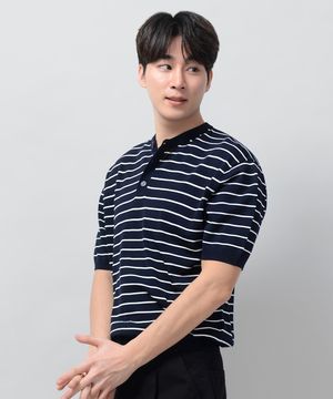 베이직 쿨 헨리넥 크롭 반팔 니트 [NAVY ST]