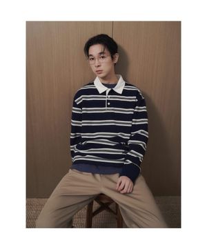 피케조직 스트라이프 칼라 티셔츠  네이비