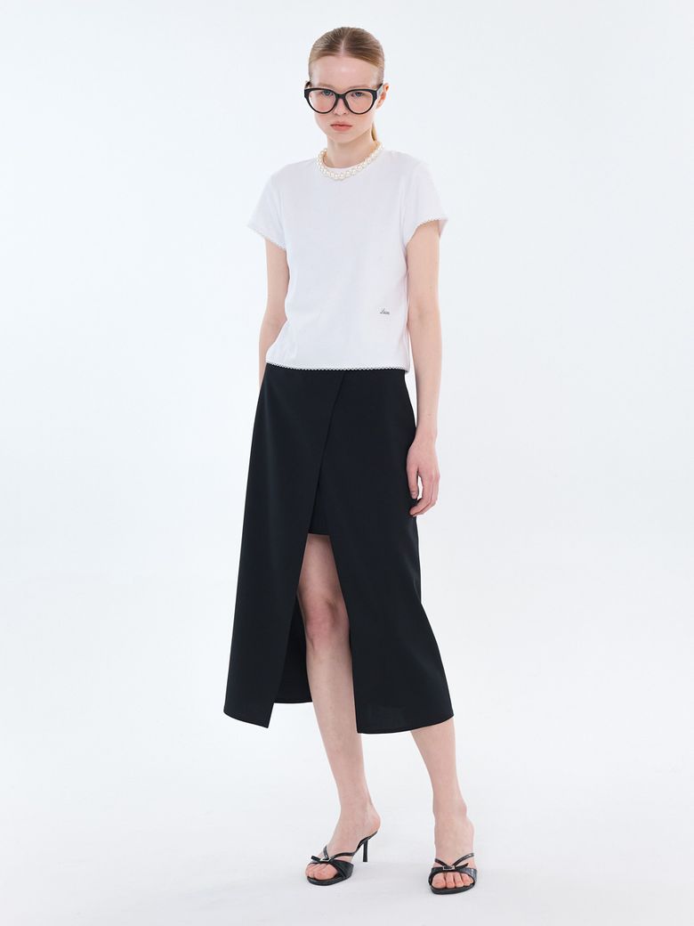 LAYERED WRAP SLIT SKIRT_BLACK