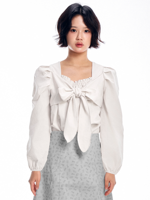 리본 타이 블라우스 -  화이트