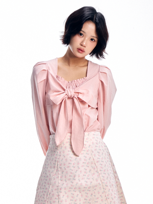 리본 타이 블라우스 - 핑크