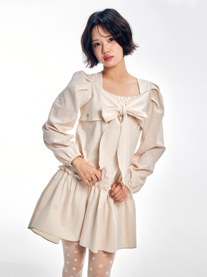 리본 타이 드레스 -  베이지