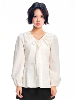 브이넥 스트링 리본 블라우스 -  크림