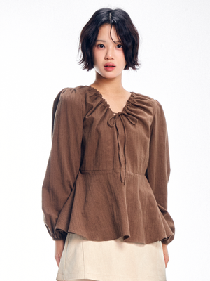 브이넥 스트링 리본 블라우스 -  브라운
