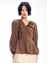 브이넥 스트링 리본 블라우스 -  브라운