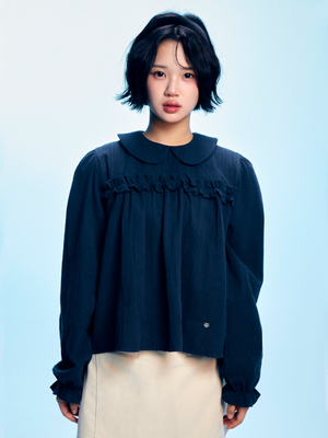 라운드 카라 러플 블라우스 -  네이비