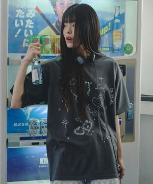 미유 러블리 참 오버핏 반팔 티셔츠 차콜