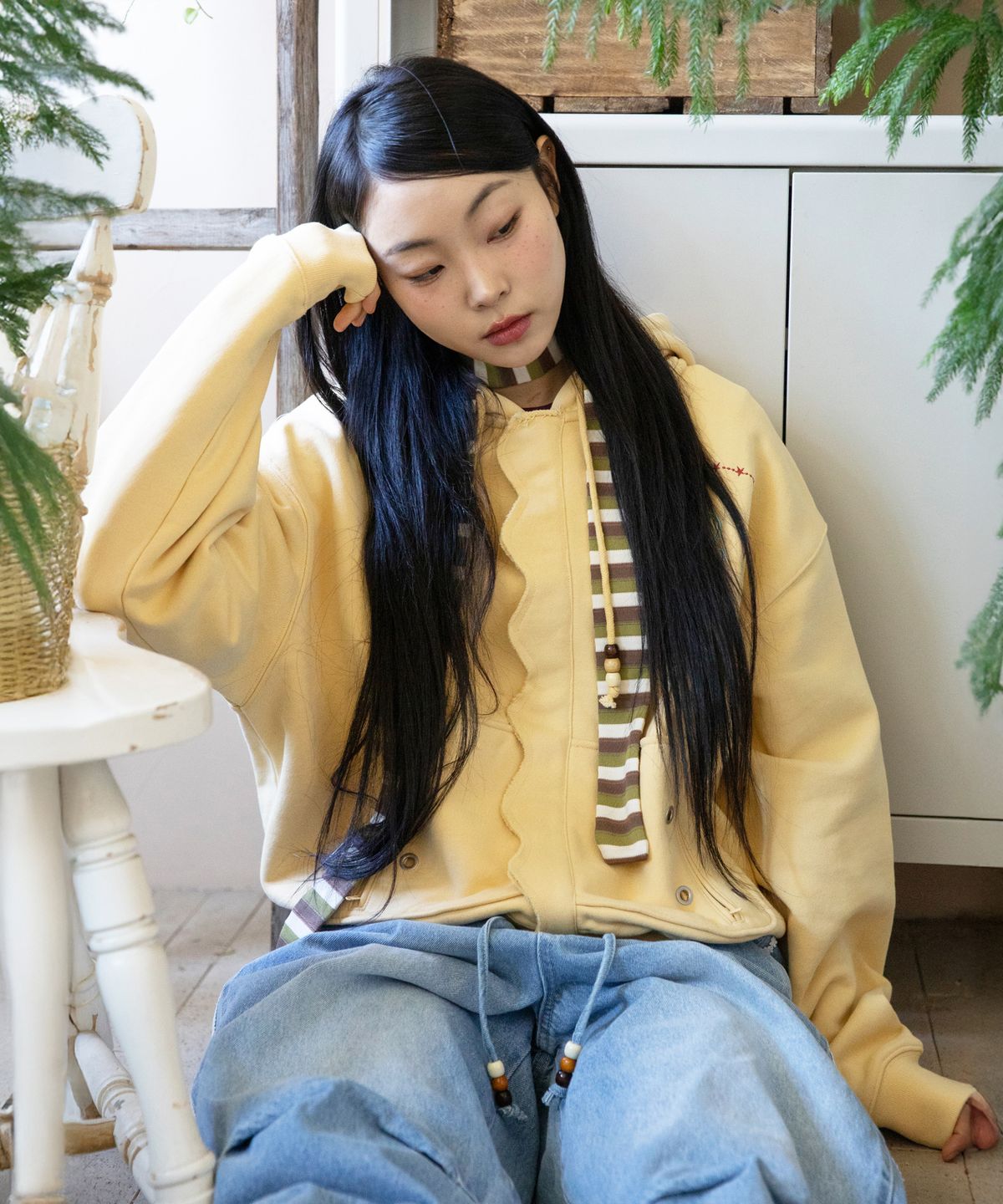 루나키후(RuNaKi'Hu') WXJ043 요하쿠 물결 아일렛 후드 집업 (CREAM YELLOW)