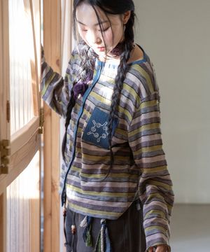 WXJ038 유야케 스트라이프 배색 가디건 (KHAKI)