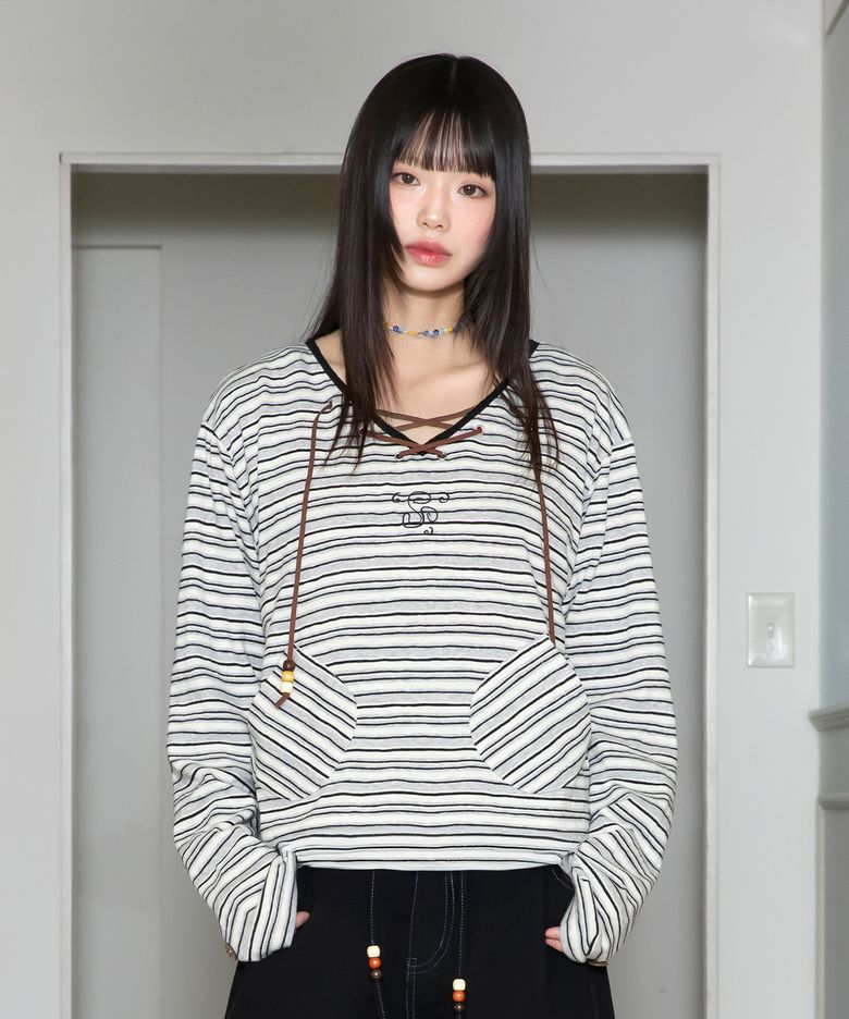 WXT084 나미 스트라이프 브이넥 롱슬리브 (GRAY)