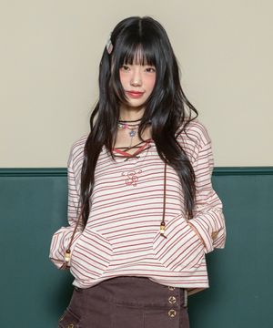 WXT084 나미 스트라이프 브이넥 롱슬리브 (PINK)