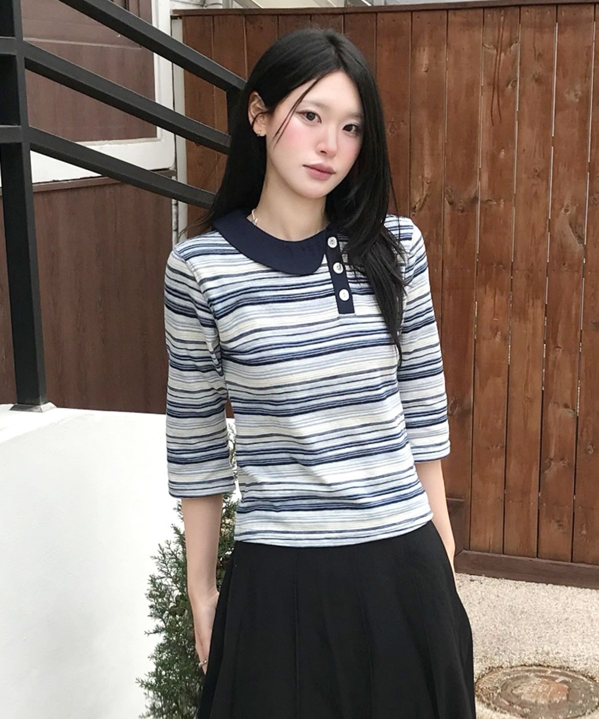 루나키후(RuNaKi'Hu') WXT090 카모미루 스트라이프 카라 7부 티셔츠 (BLUE)