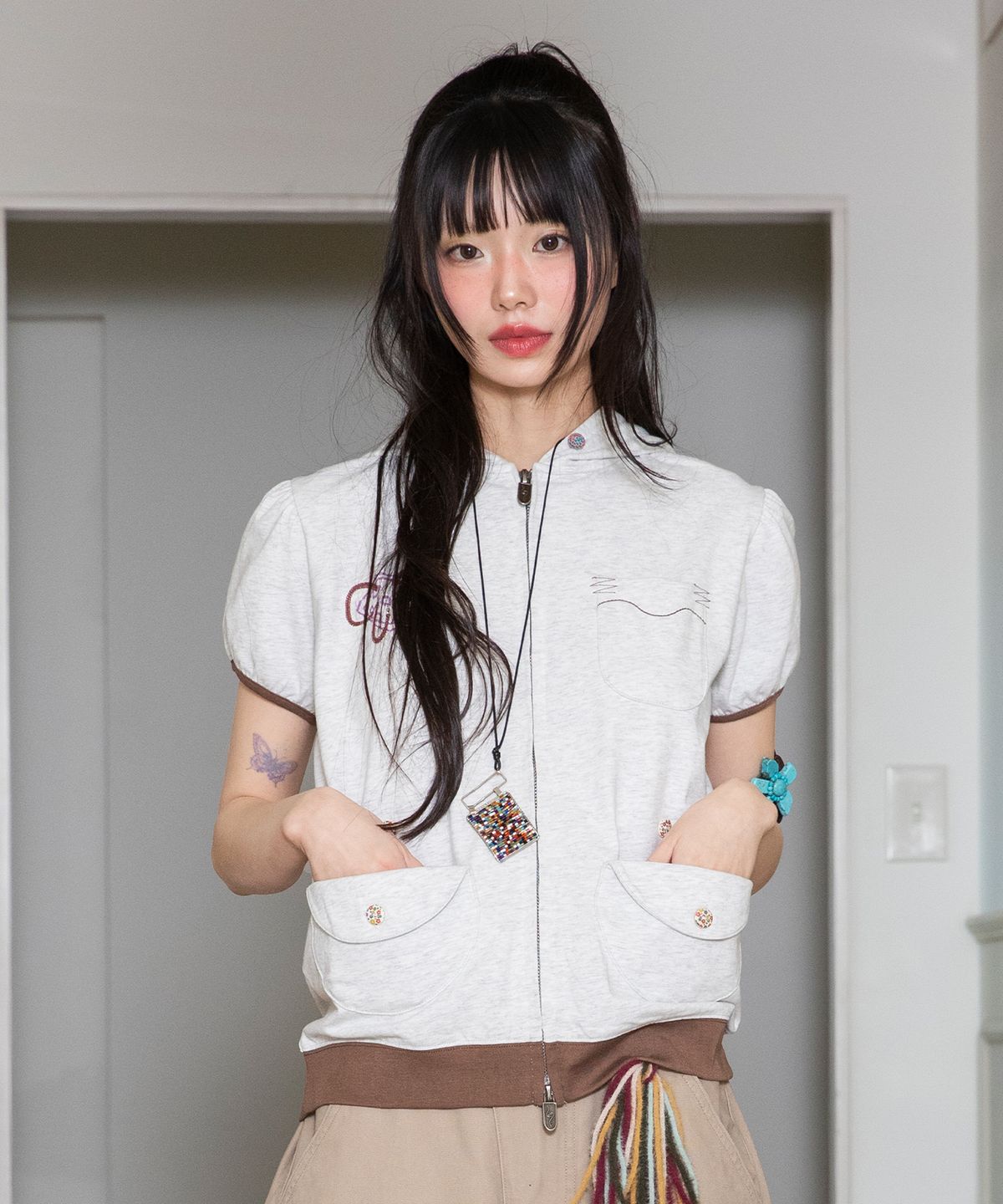 루나키후(RuNaKi'Hu') WXJ045 엉금이 스웻 반팔 후드 집업 (WHITE MELANGE)