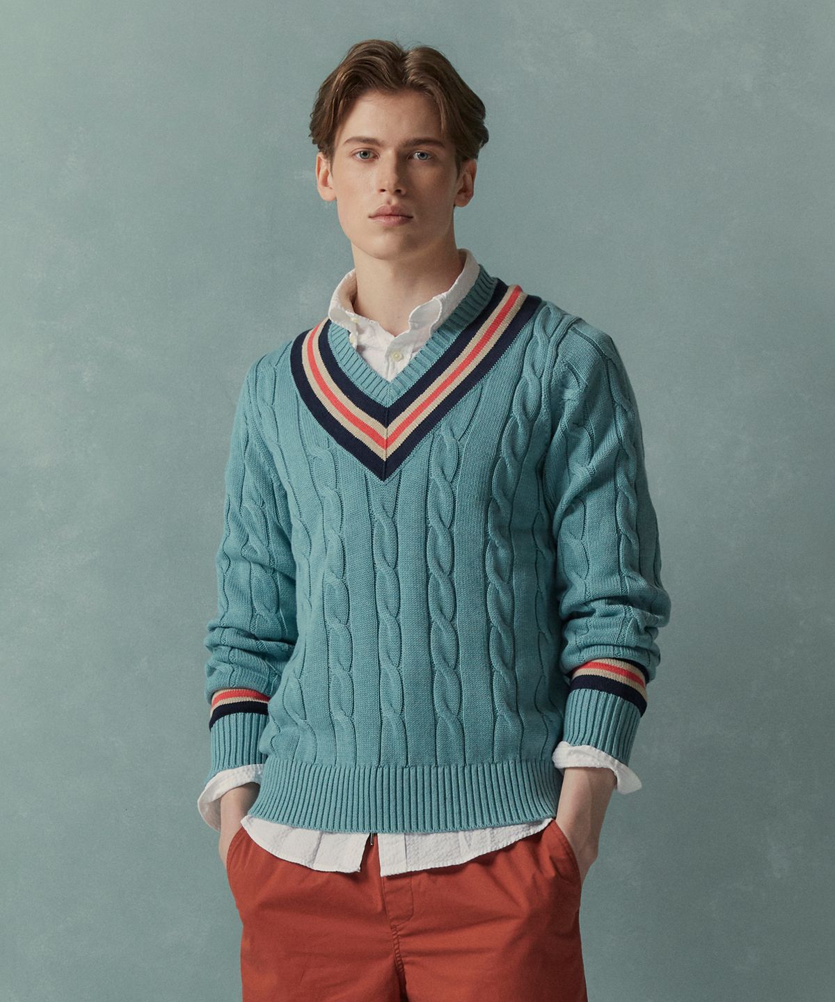 브룩스 브라더스(BROOKS BROTHERS) 테니스 브이넥 케이블 스웨터 (라이트블루) (BBWNMMG102)