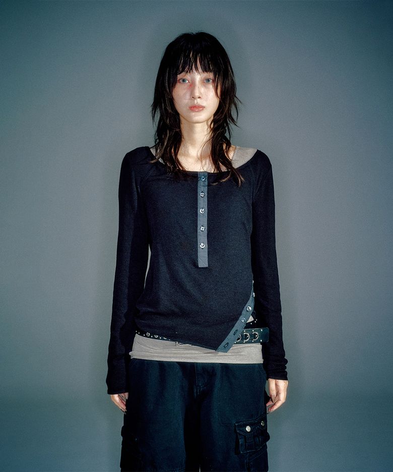 LENNY HENLEY NECK LONG-SLEEVE T-SHIRT BLACK