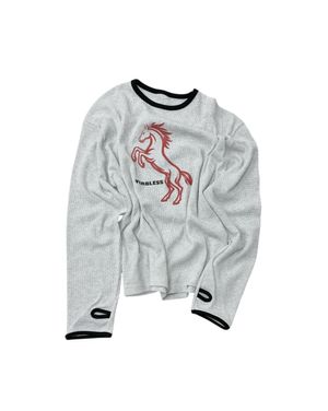 크롭 와플 홀스 프린트 긴팔 티셔츠 (그레이)