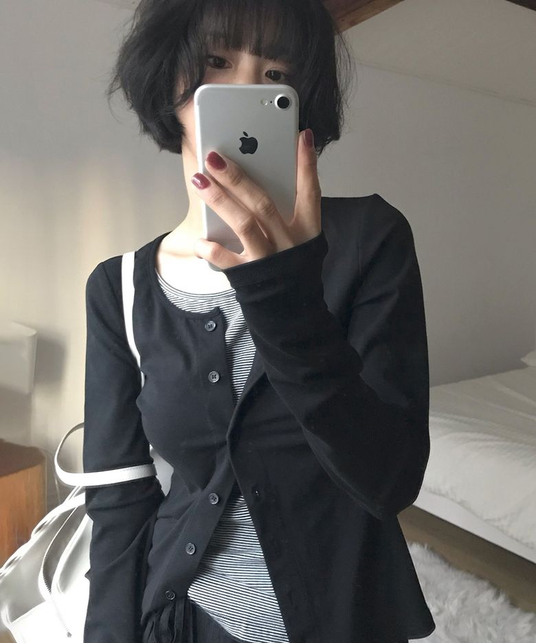 [미캣 pick] 버튼업 단가라 레이어드 슬림 핏 롱슬리브 올데이 가디건 티셔츠 [블랙]