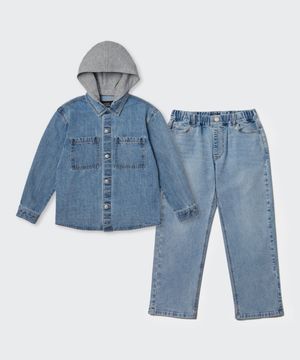 오버사이즈 디태처블 후드 데님 셔츠 & 레귤러 핏 데님 팬츠 셋업 [라이트 인디고]