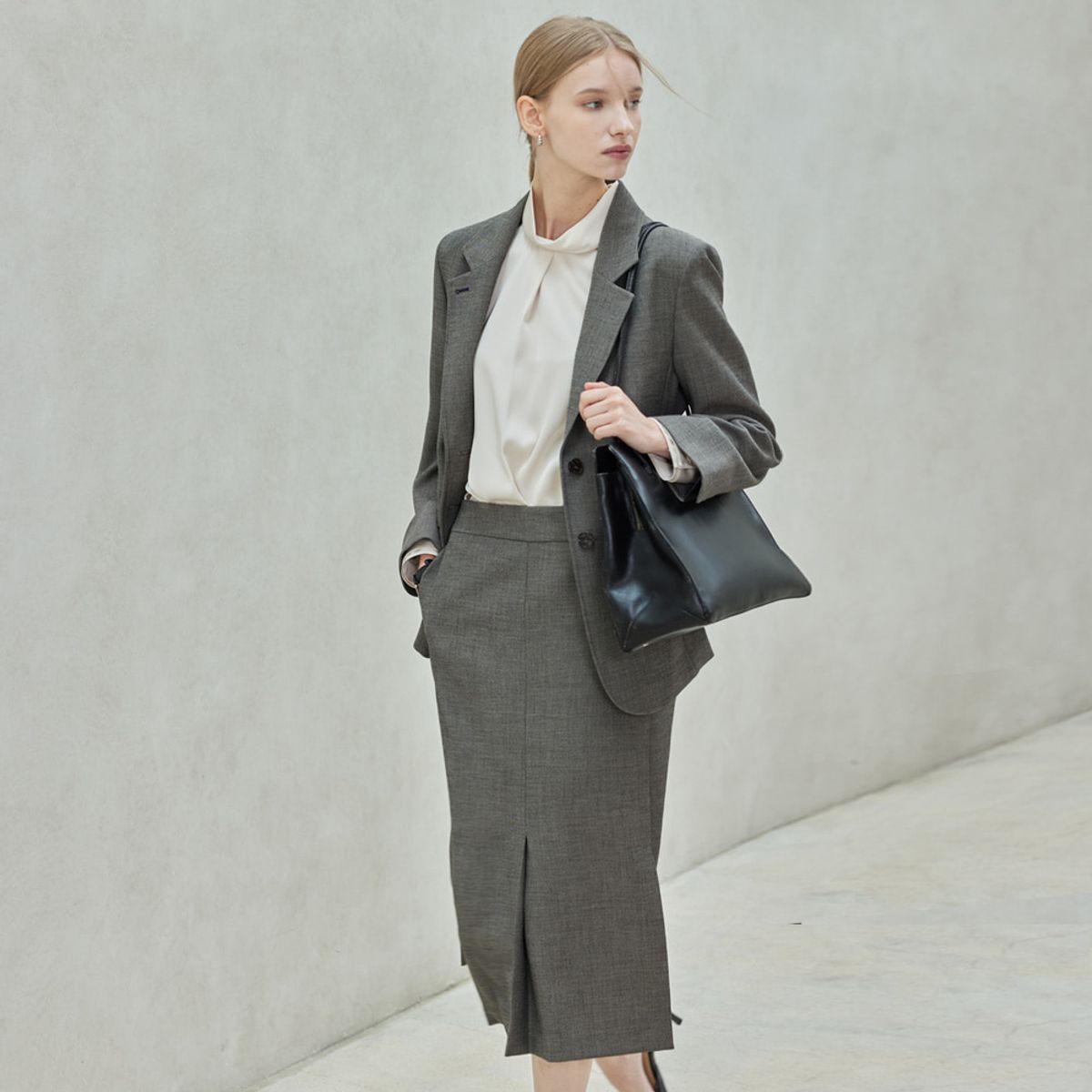 히이크(HYYK) Slim Midi Slit Skirt_Melange Gray