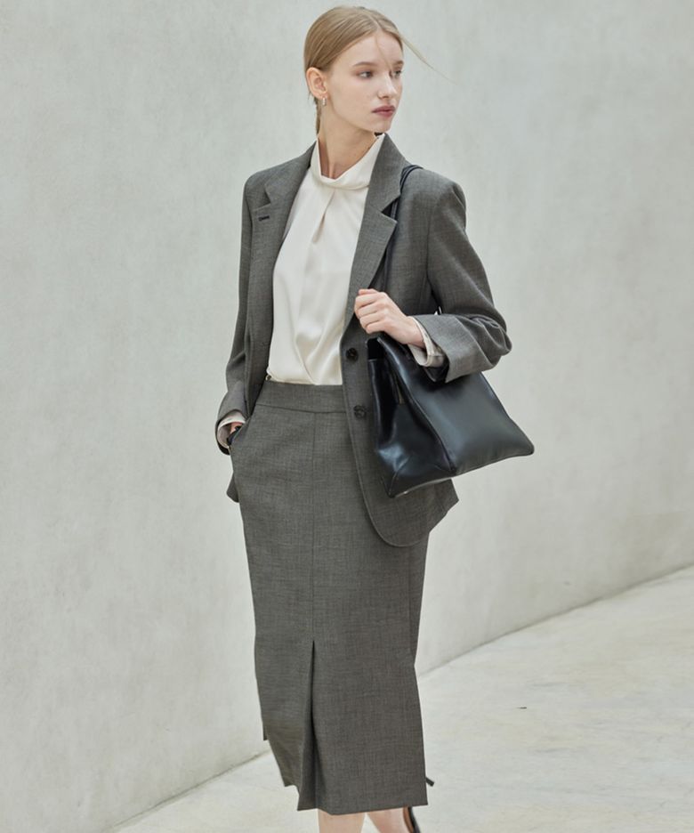 Slim Midi Slit Skirt_Melange Gray