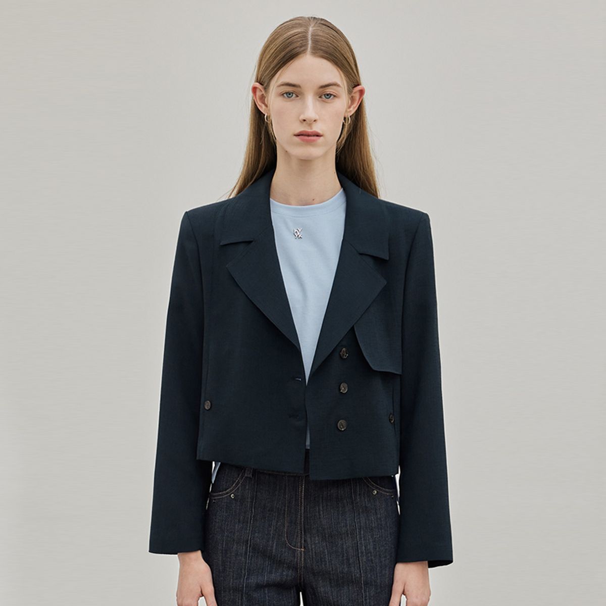 히이크(HYYK) Crop Layered Jacket_Navy