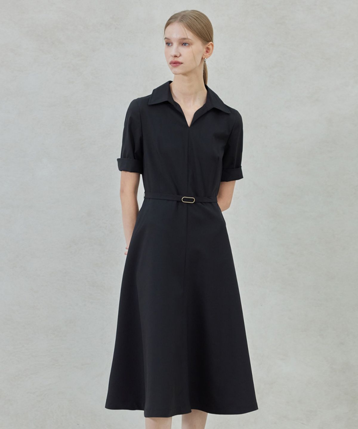 히이크(HYYK) belted collar flare dress_Black