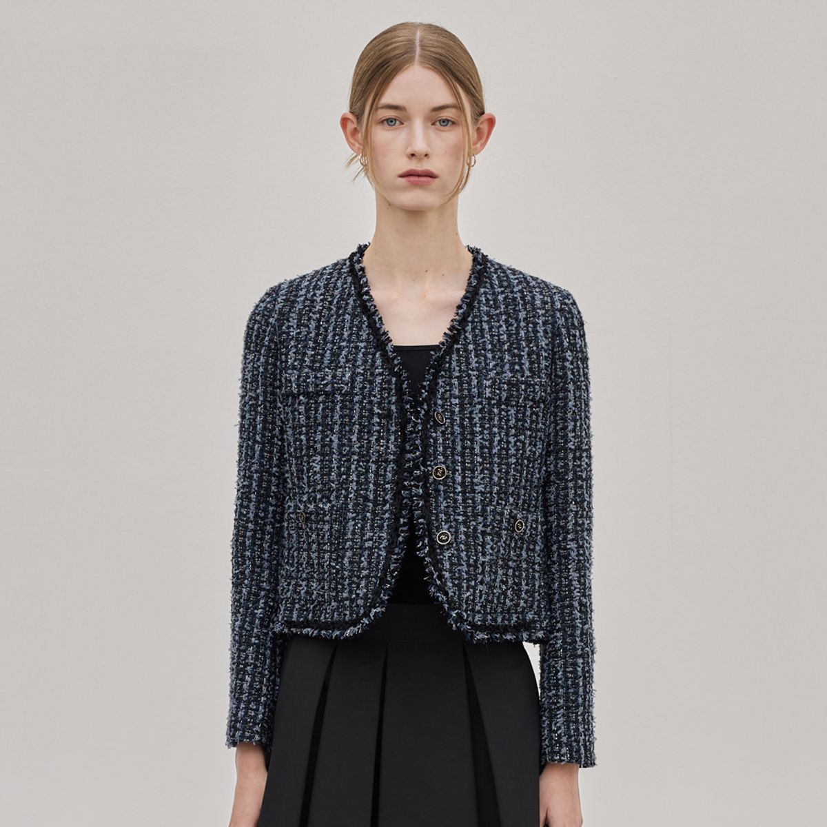 히이크(HYYK) Fringe Tweed Cropped Jacket_Melange Navy