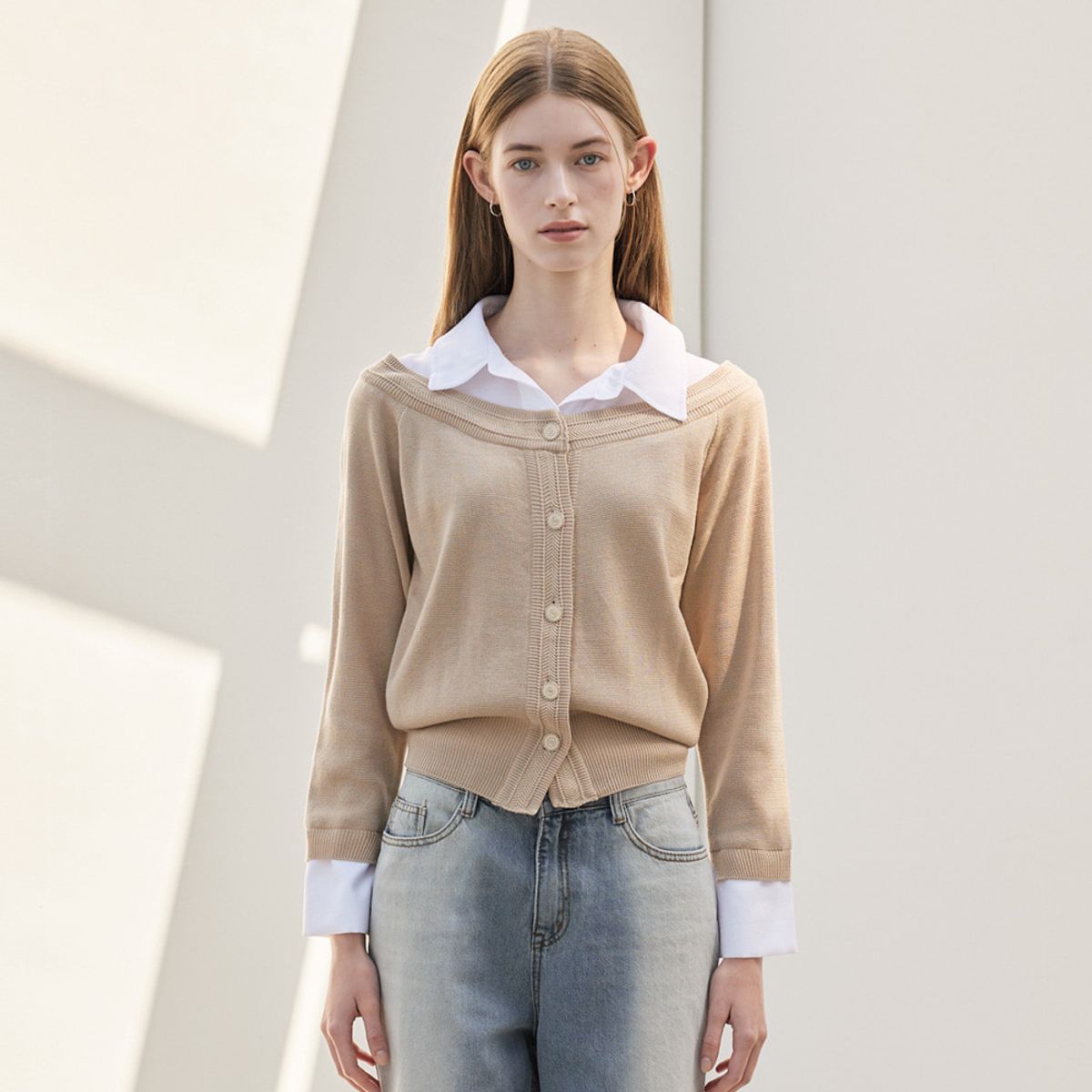 히이크(HYYK) Wool Knit Off-Shoulder Cardigan_Light Beige