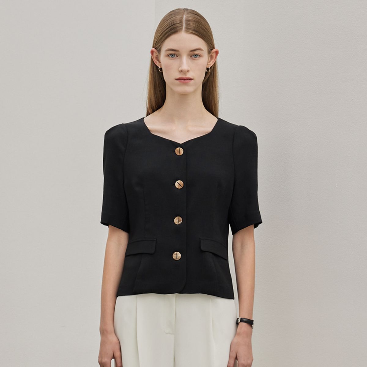 히이크(HYYK) Short Sleeve Jacket Blouse_Black