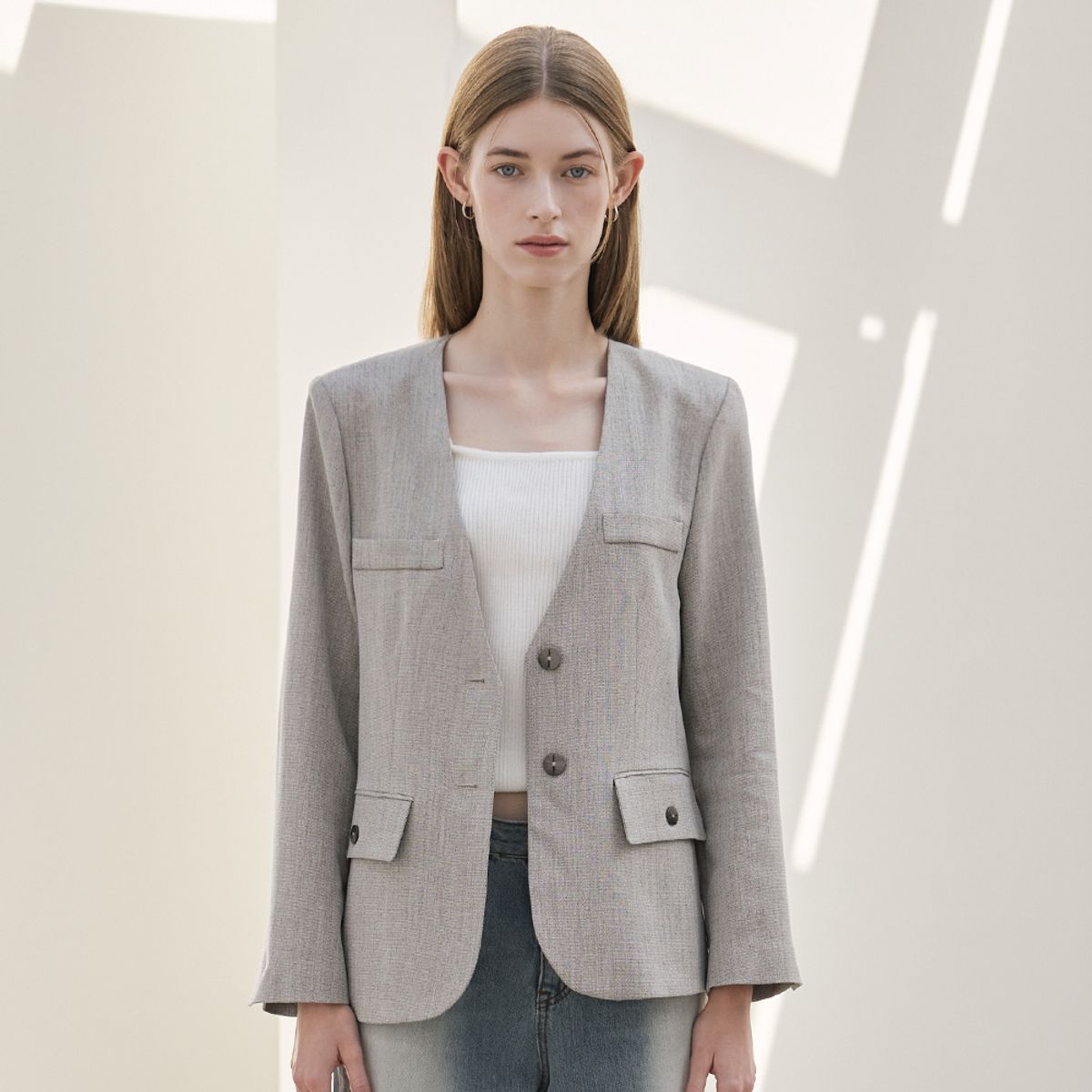 히이크(HYYK) Minimal Collarless Jacket_Greyish Khaki