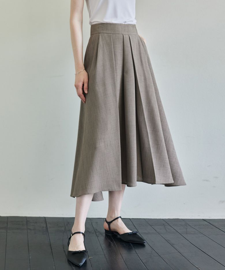 Pleated Flared Skirt_Melange Brown
