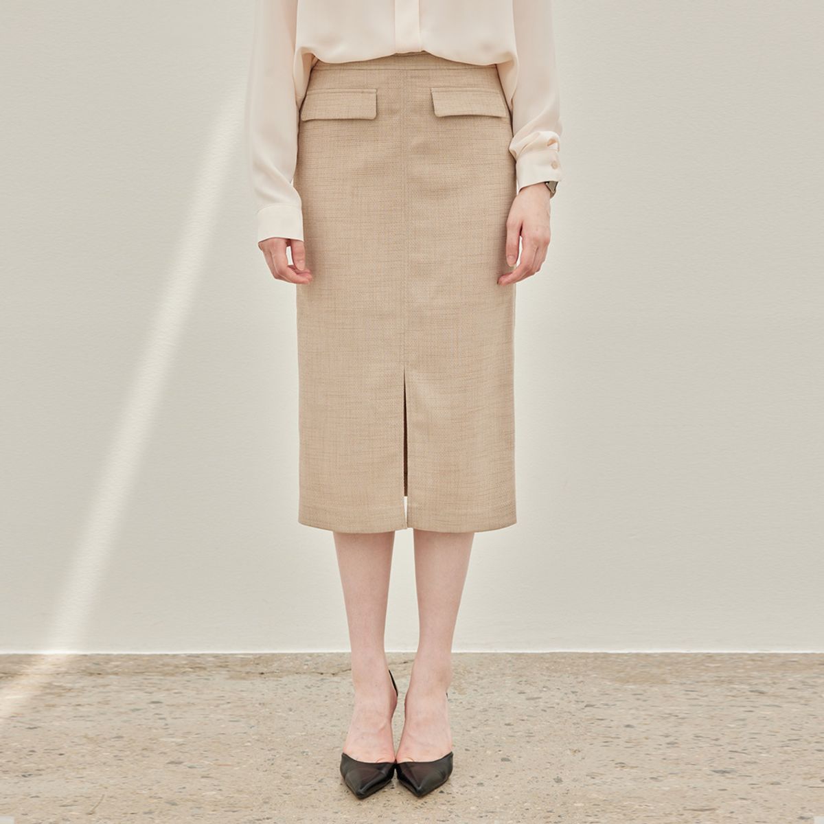 히이크(HYYK) Maxi Slim Skirt_Melange Beige