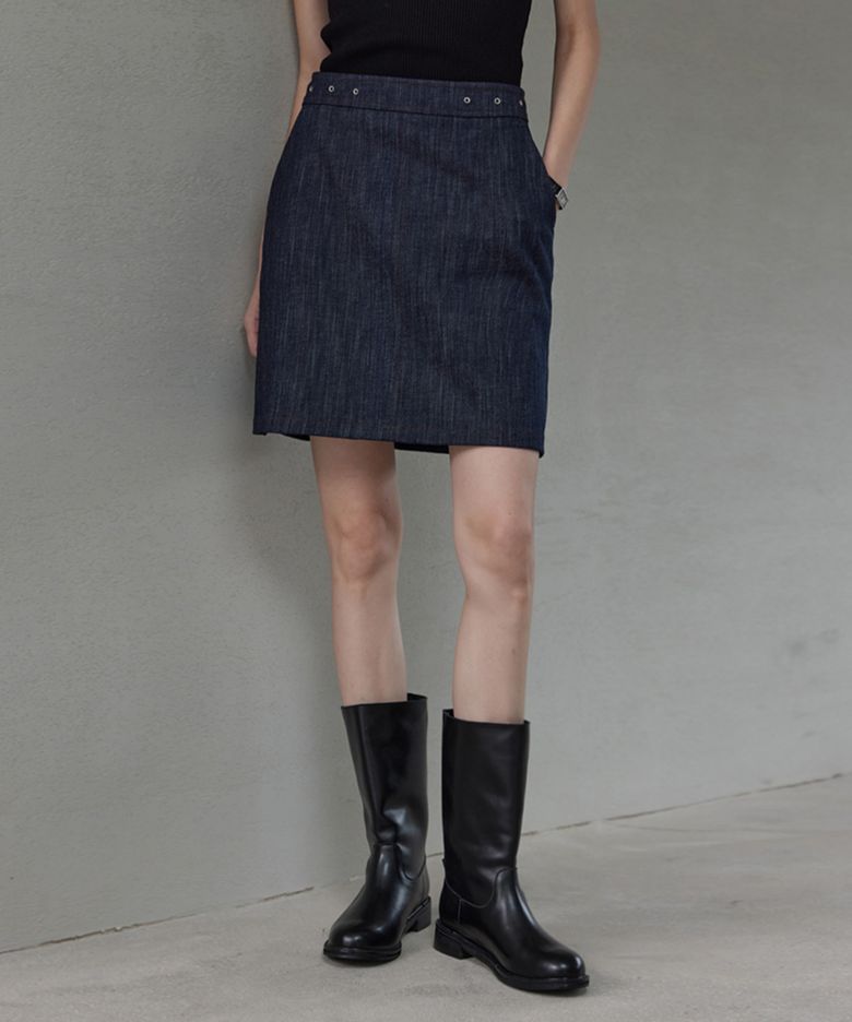 Button Denim Short Skirt_Dark Navy