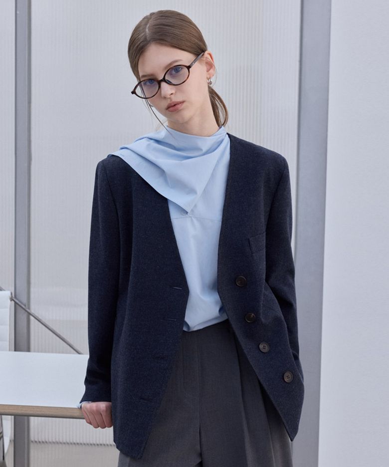 Wool Collarless Jacket_Melange Navy