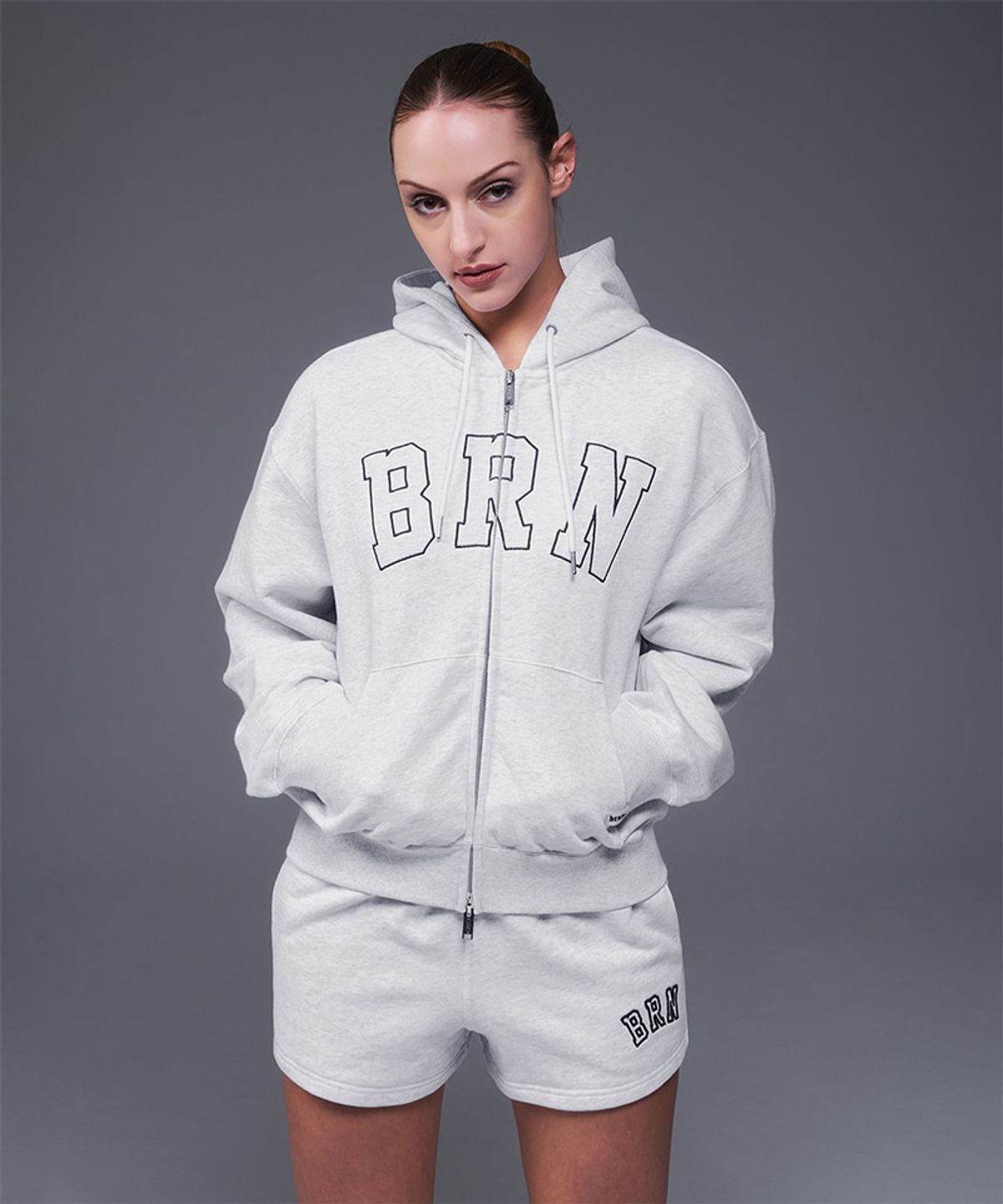 본투윈(BORN TO WIN) W BRN RELAX FIT HOODIE ZIP-UP [WHITE MELANGE]