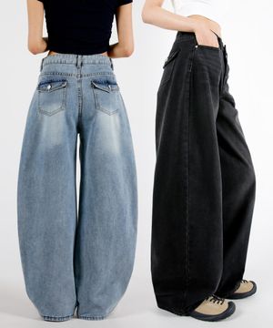 여자 숏롱 벌룬와이드핏 포켓 데님청바지 4COLOR