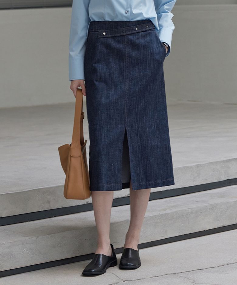 Button Denim Midi Skirt_Dark Navy