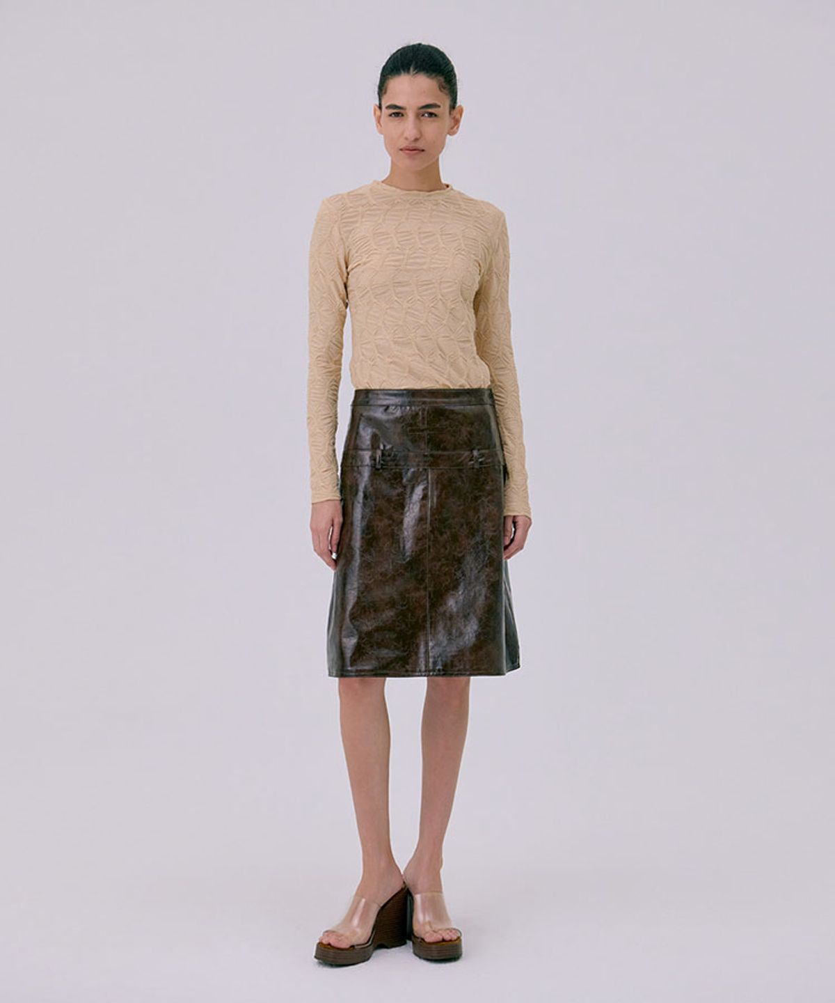 분더캄머(WNDERKAMMER) Midi Leather Skirt_Brown(미디 가죽 스커트_브라운)