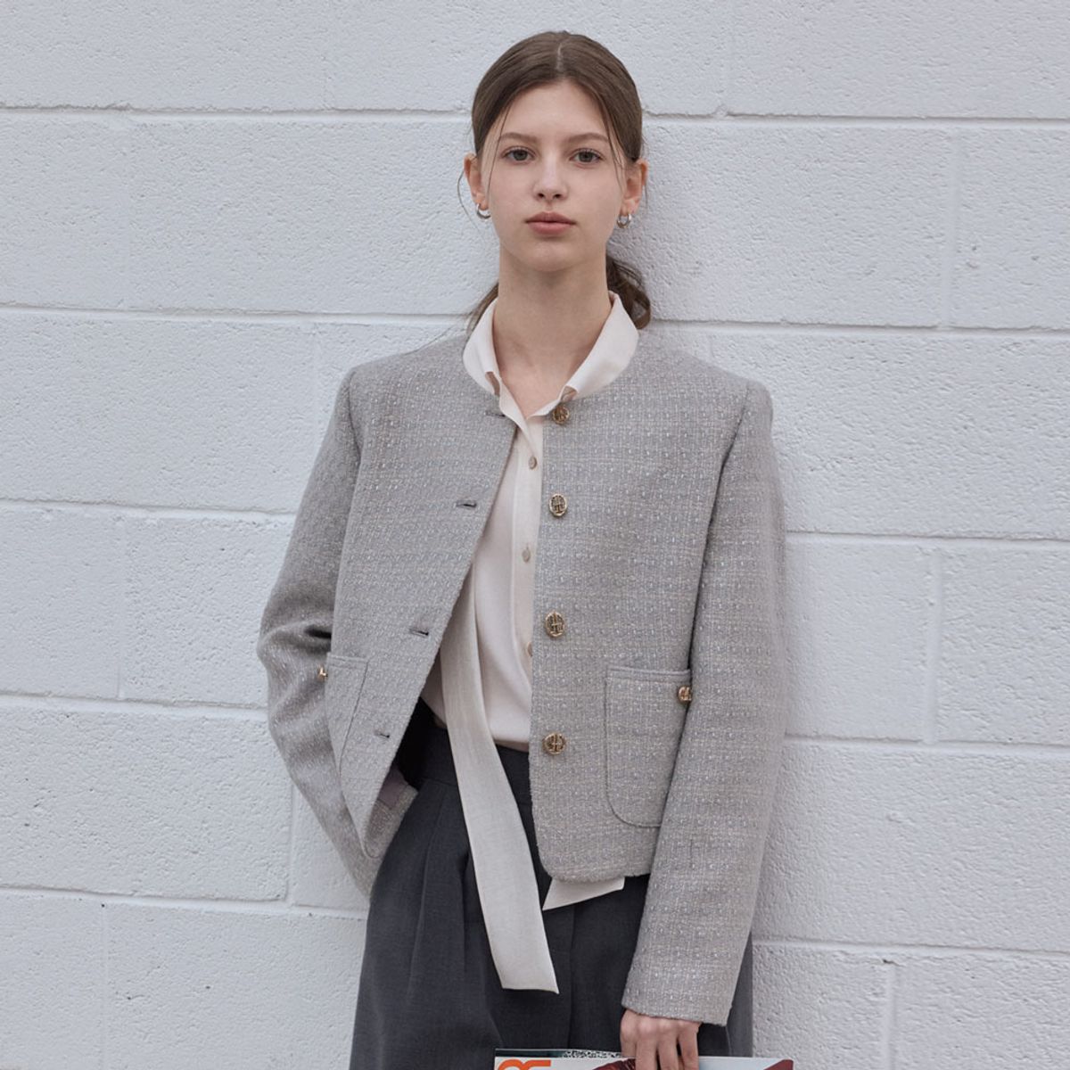 히이크(HYYK) Round Tweed Jacket_Light Gray